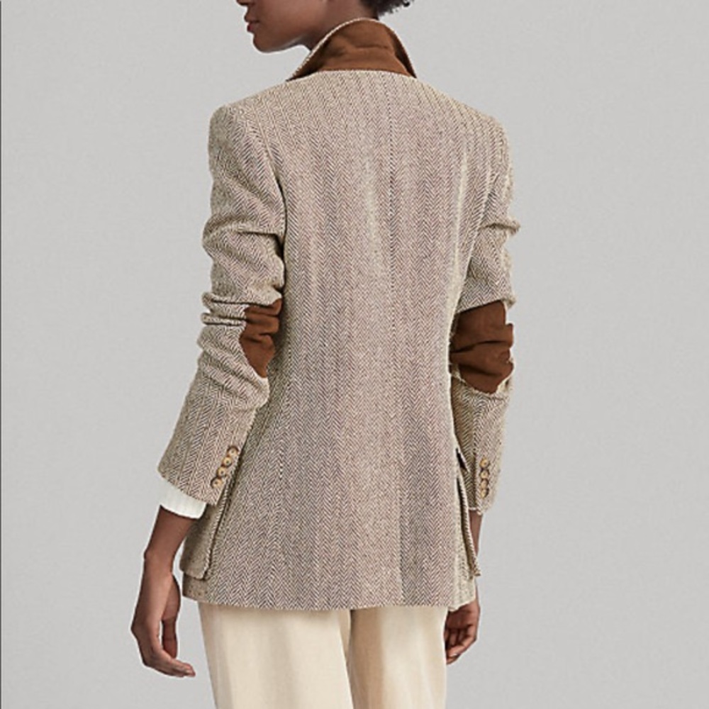 Polo by Ralph Lauren Beige Herringbone Blazer with Brown Suede Accents